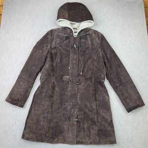 Covington Genuine Leather Long Coat Jacket Lined Womens L (14-16) Brown Hooded